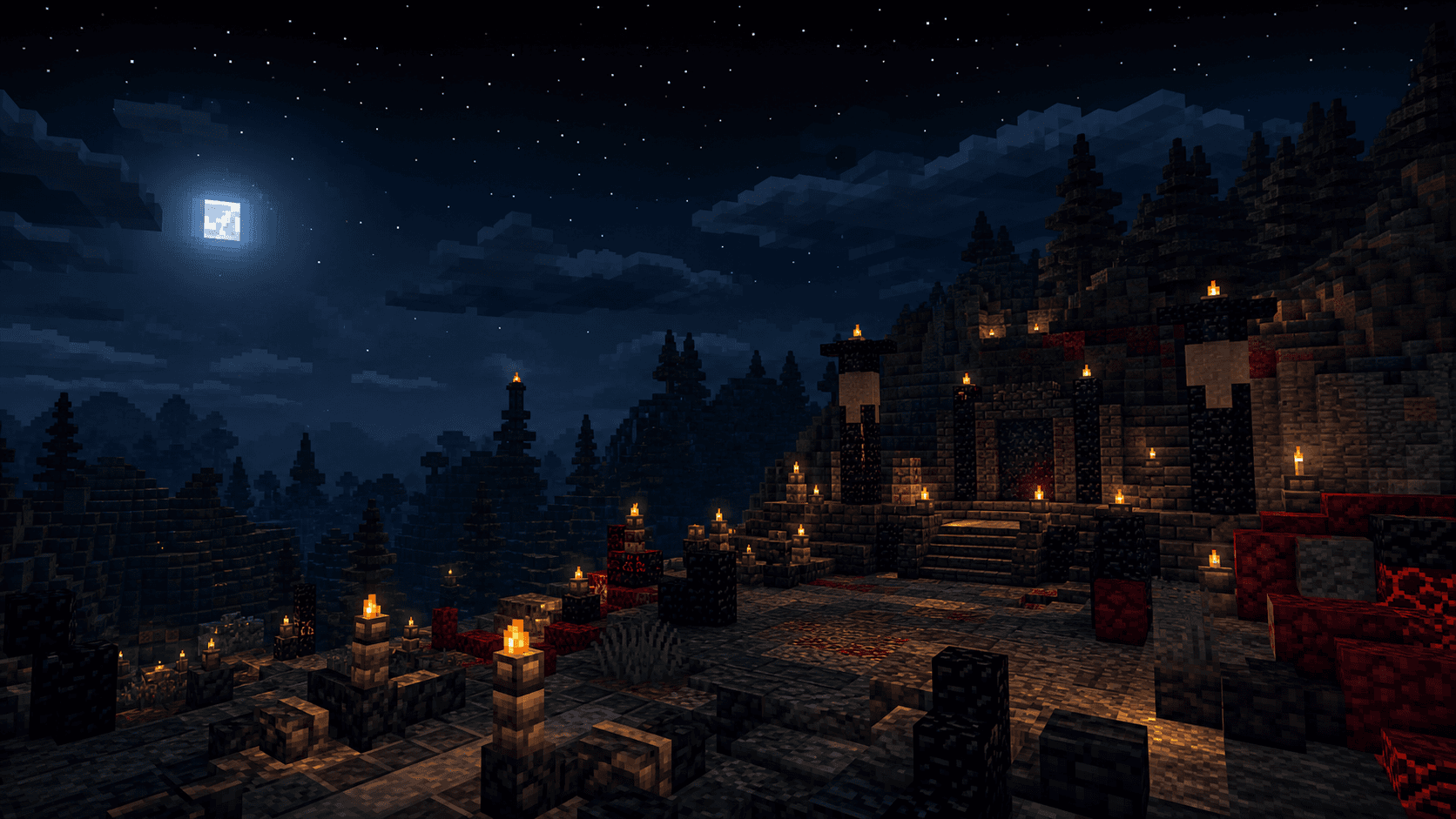 Nightfall block-built fortress under a starry night sky